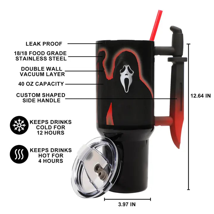 Ghostface Text and Logo 40 oz. Stainless Steel Tumbler with Dagger Handle