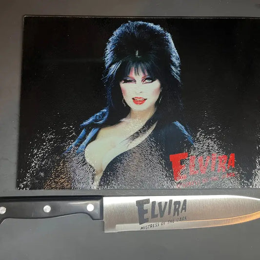 Elvira Mistress of the Dark Sublimated Glass Cutting Board with Matching Knife