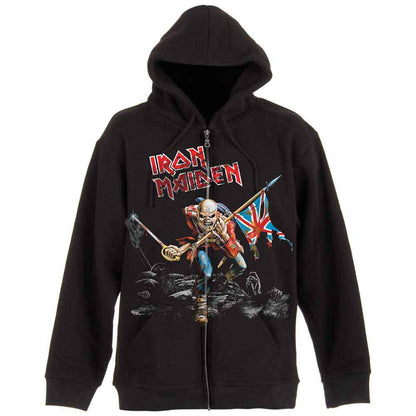Iron Maiden Unisex Zipped Hoodie: Scuffed Trooper (Black) (Back Print)