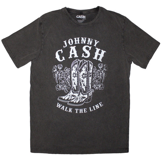Johnny Cash Unisex Stone Wash T-Shirt: Walk The Line Boots (Charcoal Grey)