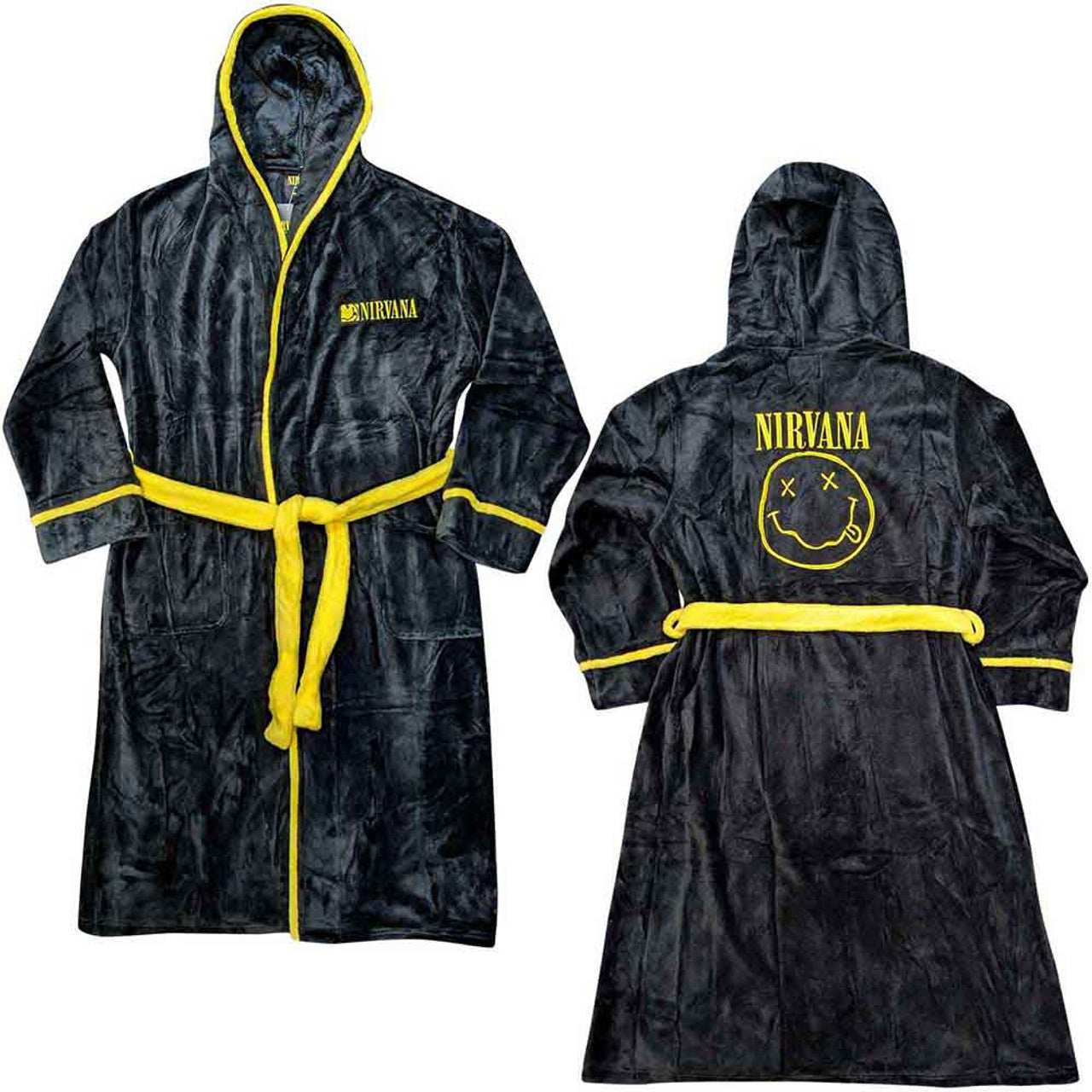 Morrissey Unisex Nirvana Unisex Bathrobe: Yellow Happy Face (Black) (Back Print): Portrait (Red) (Back Print) (Copy)