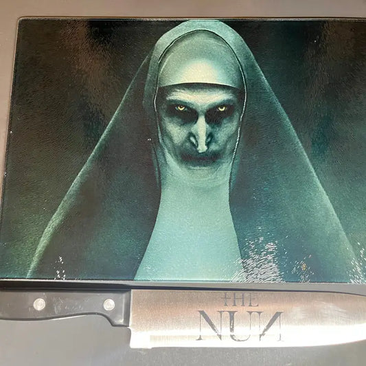 The Nun 2018 Sublimated Glass Cutting Board with Matching Knife