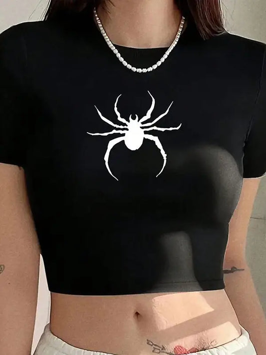 Gothic Dark Aesthetic Spider Print Short Crop T-Shirt